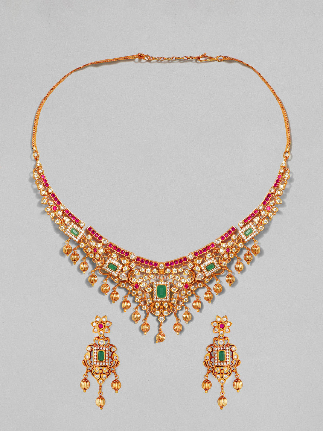 Rubans 22K Gold Plated Handcrafted Faux Ruby Stone with Gold Beads Traditional Necklace Set