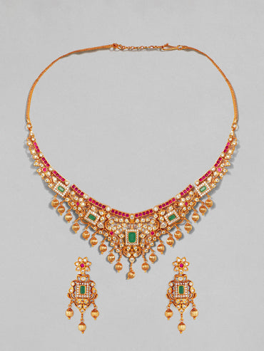 Rubans 22K Gold Plated Handcrafted Faux Ruby Stone with Gold Beads Traditional Necklace Set