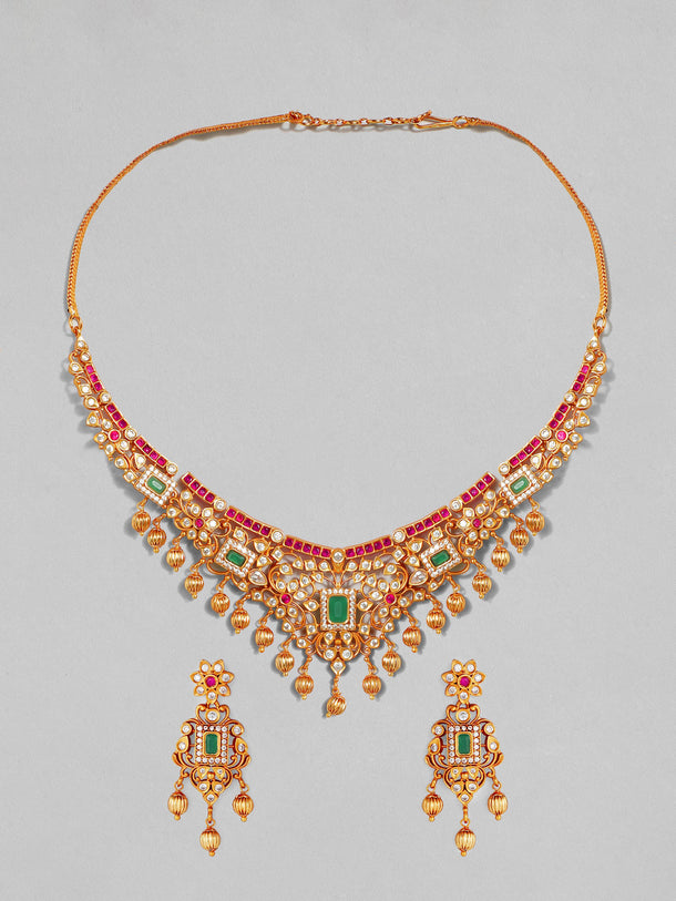 Rubans 22K Gold Plated Handcrafted Faux Ruby Stone with Gold Beads Traditional Necklace Set