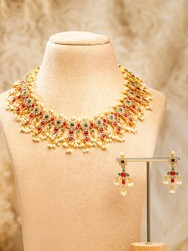 Pearl Drop Ruby Studded Necklace Set