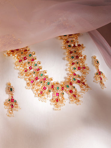 Pearl Drop Ruby Studded Necklace Set