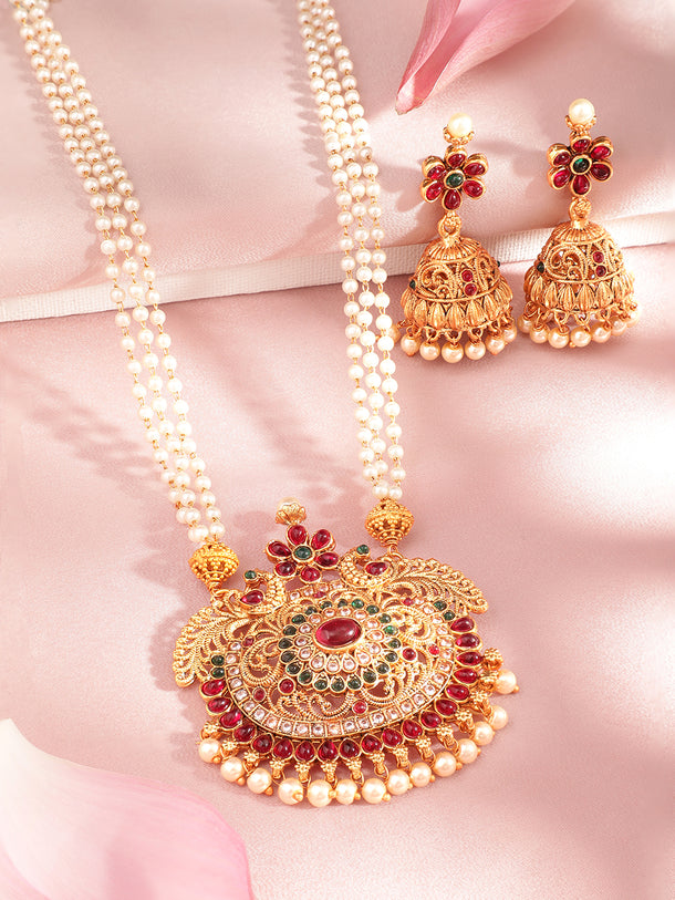 Rubans 24K Gold Plated Handcrafted Ruby Stone Temple Necklace Set