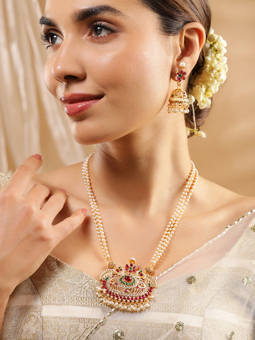 Rubans 24K Gold Plated Handcrafted Ruby Stone Temple Necklace Set