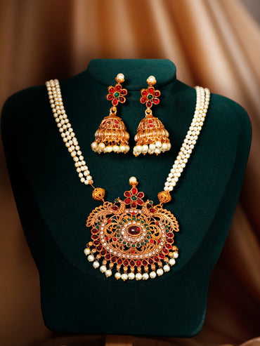 Rubans 24K Gold Plated Handcrafted Ruby Stone Temple Necklace Set