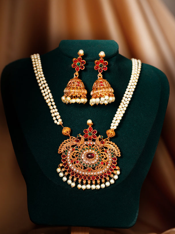 Rubans 24K Gold Plated Handcrafted Ruby Stone Temple Necklace Set