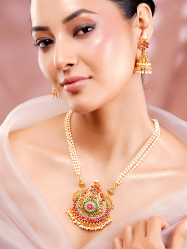 Rubans 24K Gold Plated Handcrafted Ruby Stone Temple Necklace Set