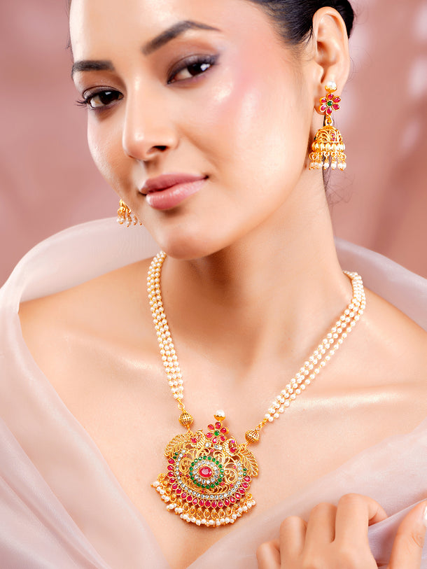 Rubans 24K Gold Plated Handcrafted Ruby Stone Temple Necklace Set
