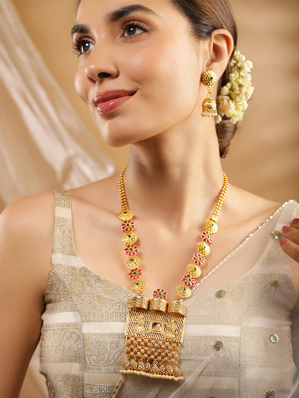 Rubans 24K Gold Plated Handcrafted Ruby Stone Temple Necklace Set
