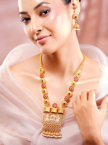 Rubans 24K Gold Plated Handcrafted Ruby Stone Temple Necklace Set