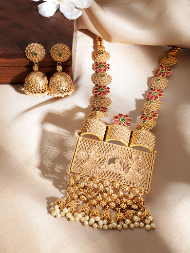 Rubans 24K Gold Plated Handcrafted Ruby Stone Temple Necklace Set