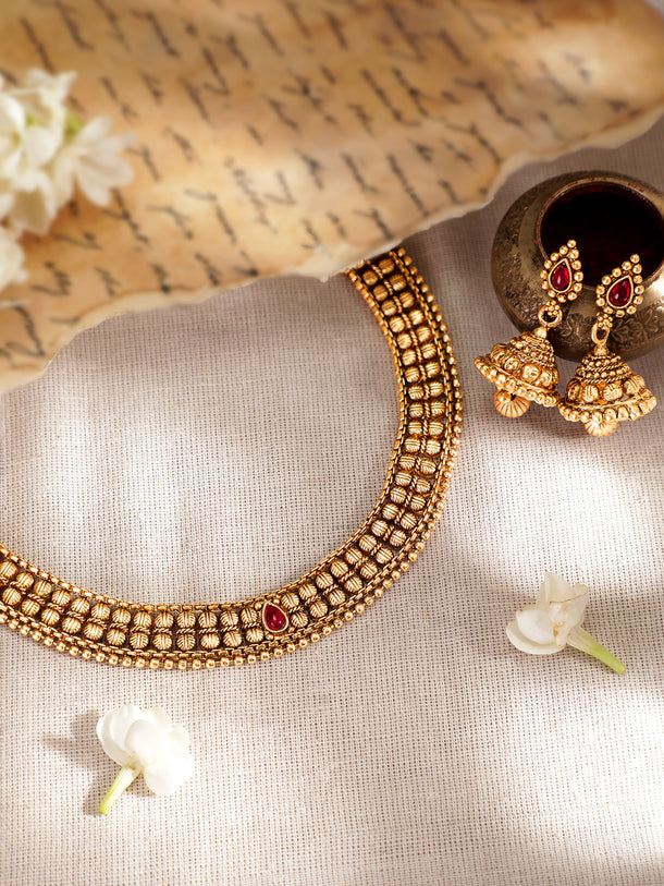 Rubans 22K Gold-Plated Ruby Pink & Kundan Studded Temple Necklace Set with Jhumka Earrings