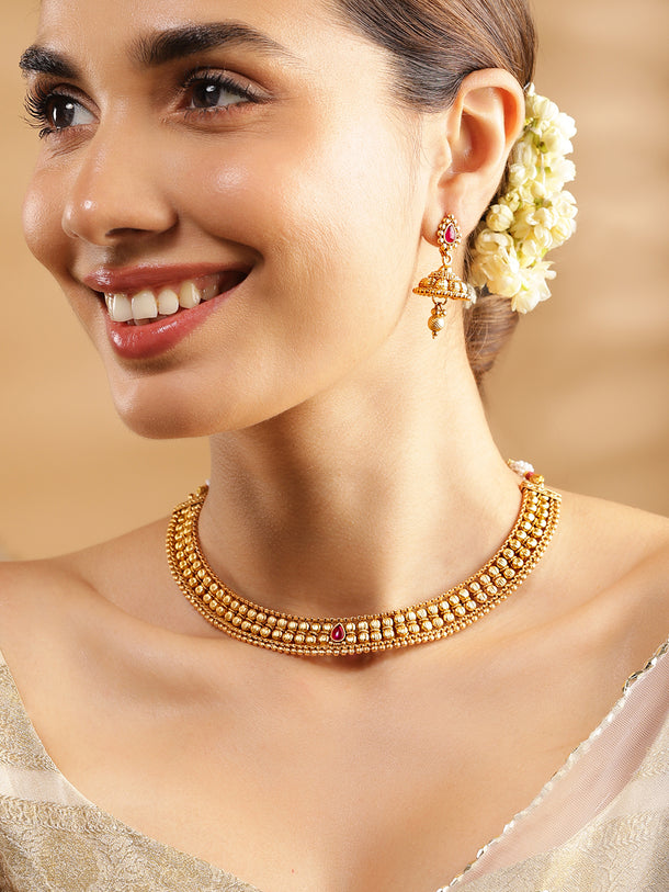 Rubans 22K Gold-Plated Ruby Pink & Kundan Studded Temple Necklace Set with Jhumka Earrings