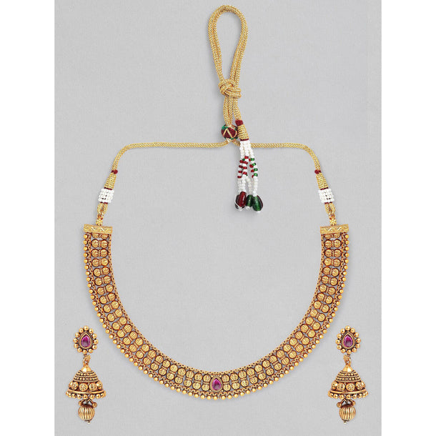 Rubans 22K Gold-Plated Ruby Pink & Kundan Studded Temple Necklace Set with Jhumka Earrings