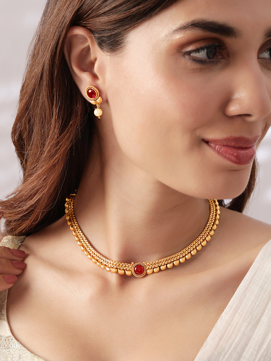 Rubans 18K Gold-Plated Ruby Studded & Pearl Drops Handcrafted Jewellery Set