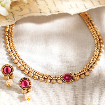 Rubans 18K Gold-Plated Ruby Studded & Pearl Drops Handcrafted Jewellery Set