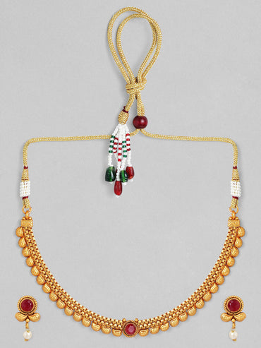 Rubans 18K Gold-Plated Ruby Studded & Pearl Drops Handcrafted Jewellery Set
