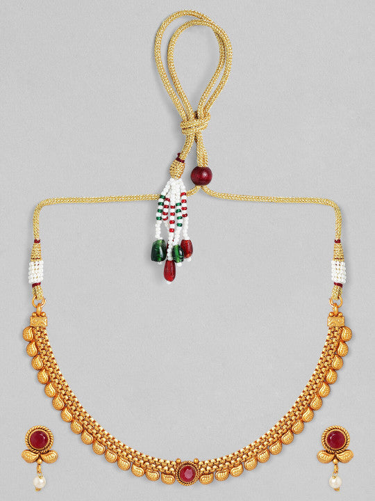 Rubans 18K Gold-Plated Ruby Studded & Pearl Drops Handcrafted Jewellery Set