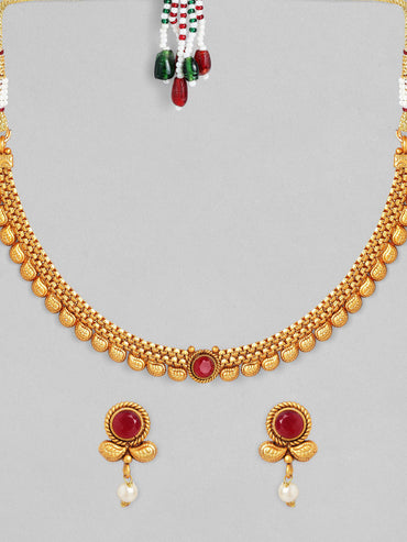 Rubans 18K Gold-Plated Ruby Studded & Pearl Drops Handcrafted Jewellery Set