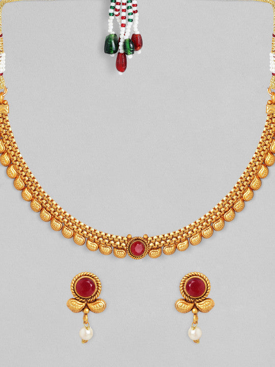 Rubans 18K Gold-Plated Ruby Studded & Pearl Drops Handcrafted Jewellery Set
