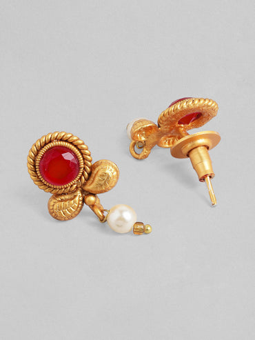 Rubans 18K Gold-Plated Ruby Studded & Pearl Drops Handcrafted Jewellery Set