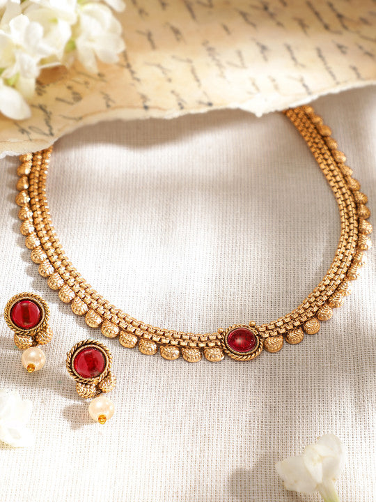 Rubans 18K Gold-Plated Ruby Studded & Pearl Drops Handcrafted Jewellery Set
