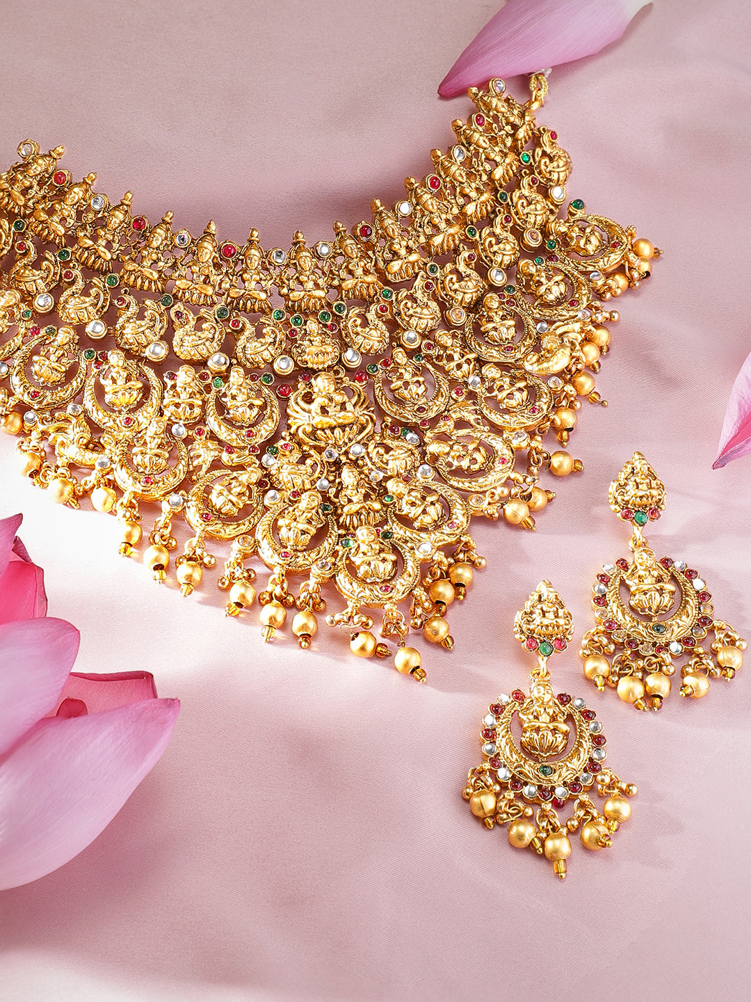 Rubans 22K Gold Plated Red, Green & White Stone Studded Lakshmi Motif Temple Jewellery Set