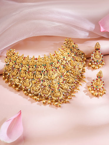 Rubans 22K Gold Plated Red, Green & White Stone Studded Lakshmi Motif Temple Jewellery Set