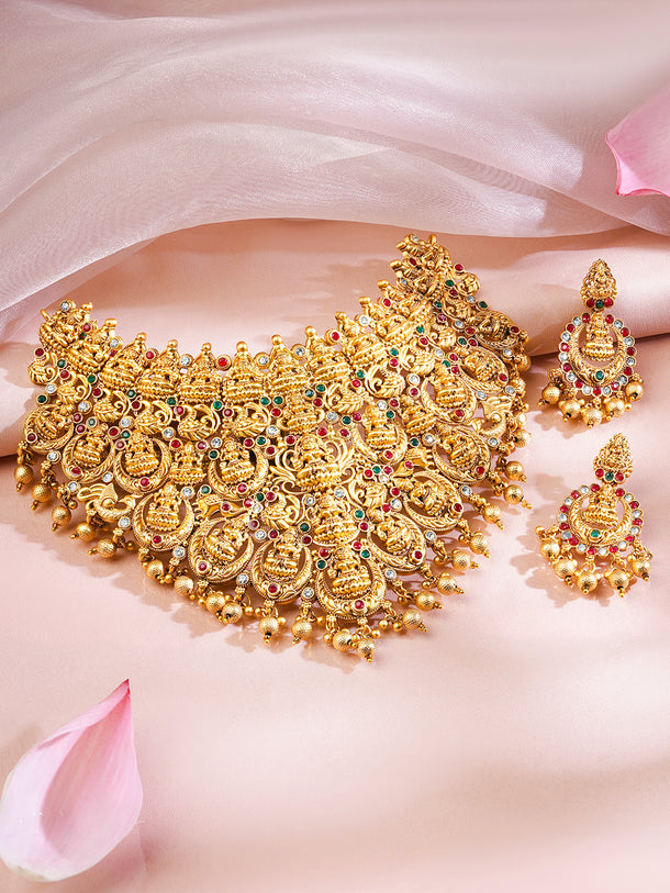 Rubans 22K Gold Plated Red, Green & White Stone Studded Lakshmi Motif Temple Jewellery Set