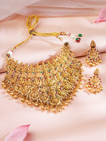 Rubans 22K Gold Plated Red, Green & White Stone Studded Lakshmi Motif Temple Jewellery Set