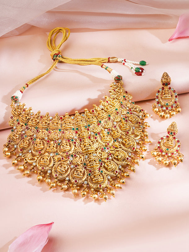 Rubans 22K Gold Plated Red, Green & White Stone Studded Lakshmi Motif Temple Jewellery Set