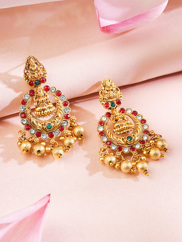 Rubans 22K Gold Plated Red, Green & White Stone Studded Lakshmi Motif Temple Jewellery Set