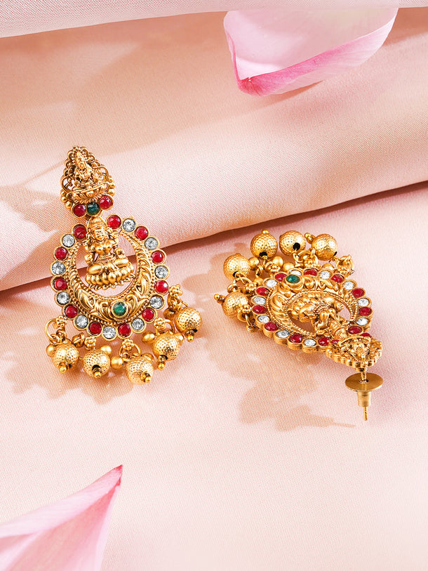 Rubans 22K Gold Plated Red, Green & White Stone Studded Lakshmi Motif Temple Jewellery Set