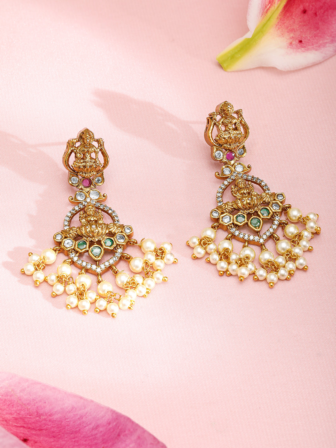 American Diamond Zirconia Studded Pearl Temple Necklace Set