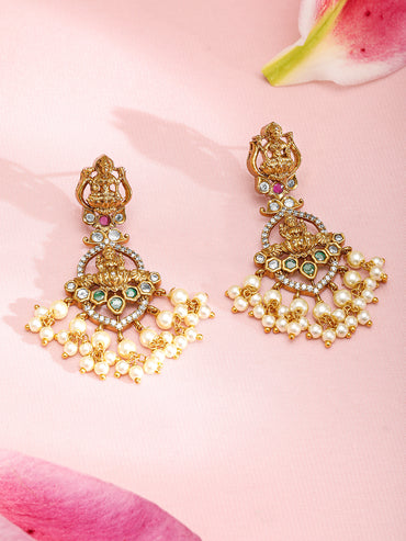 American Diamond Zirconia Studded Pearl Temple Necklace Set