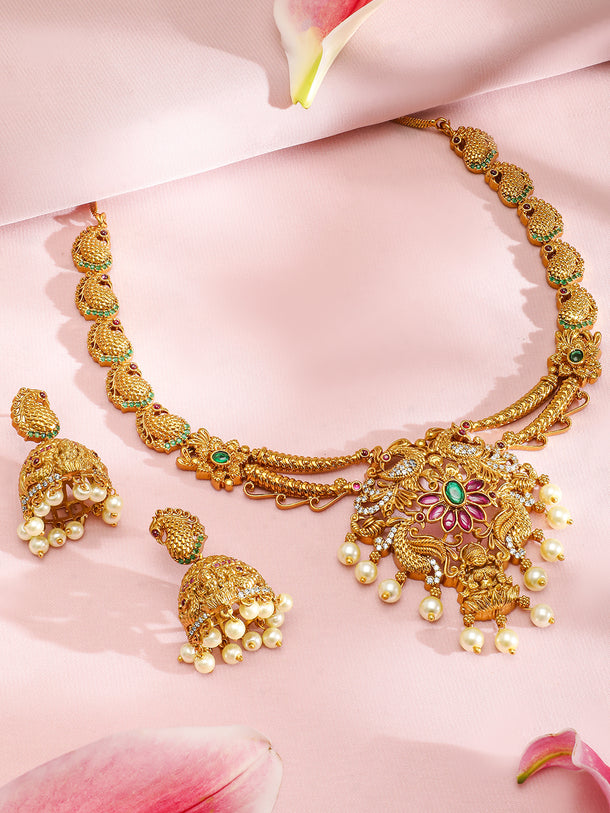 Pink & Green Laxmi Motif Golden Necklace Set