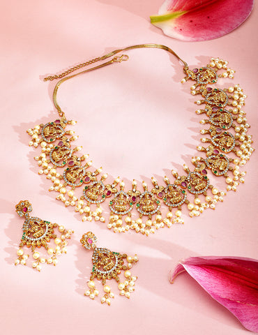 Rubans 22K Gold-Plated Ruby Pink, Emerald Green & White Cubic Zirconia Studded Divine Lakshmi Motif Temple Necklace Set