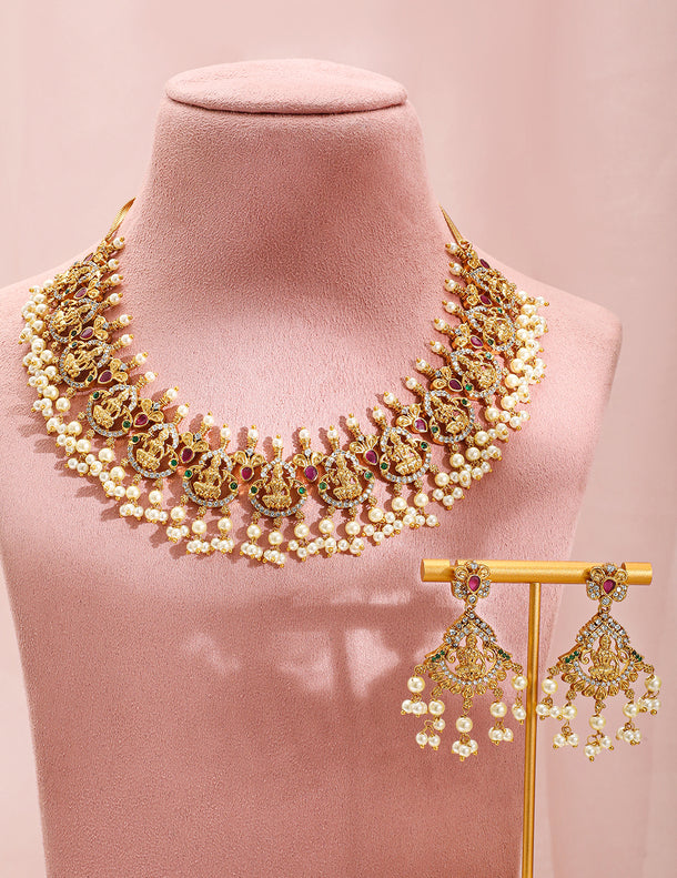 American Diamond Zirconia Pearl Drop Temple Necklace Set