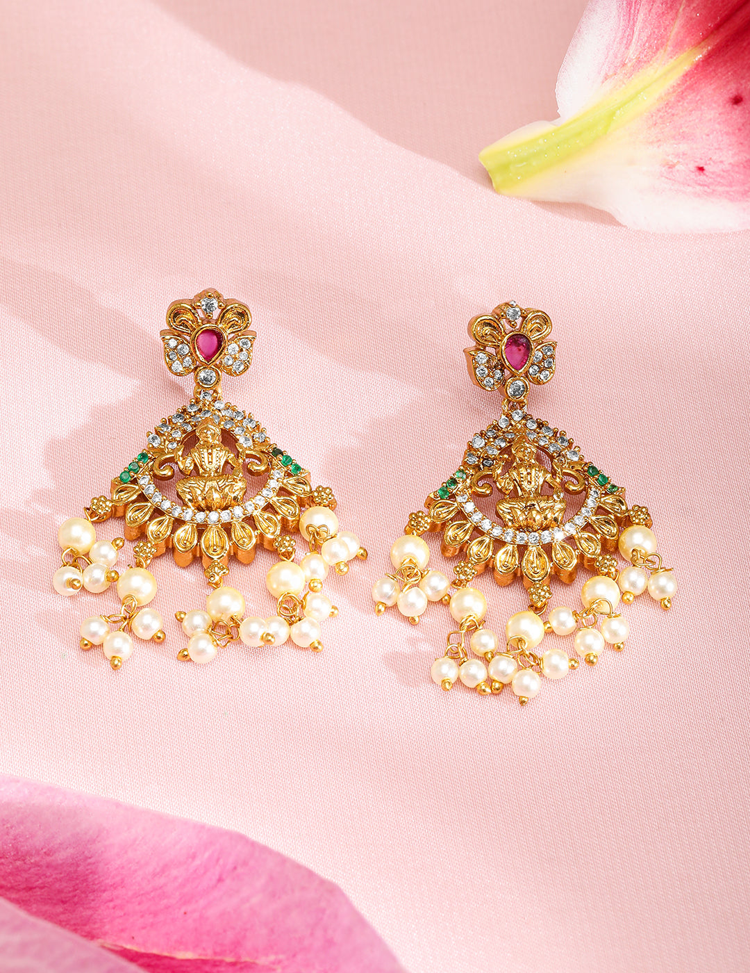 Rubans 22K Gold-Plated Ruby Pink, Emerald Green & White Cubic Zirconia Studded Divine Lakshmi Motif Temple Necklace Set