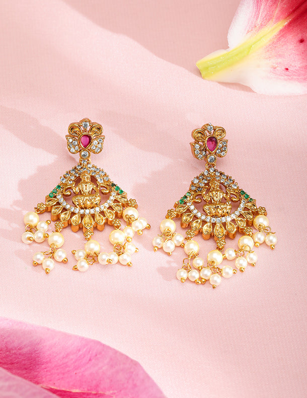 American Diamond Zirconia Pearl Drop Temple Necklace Set