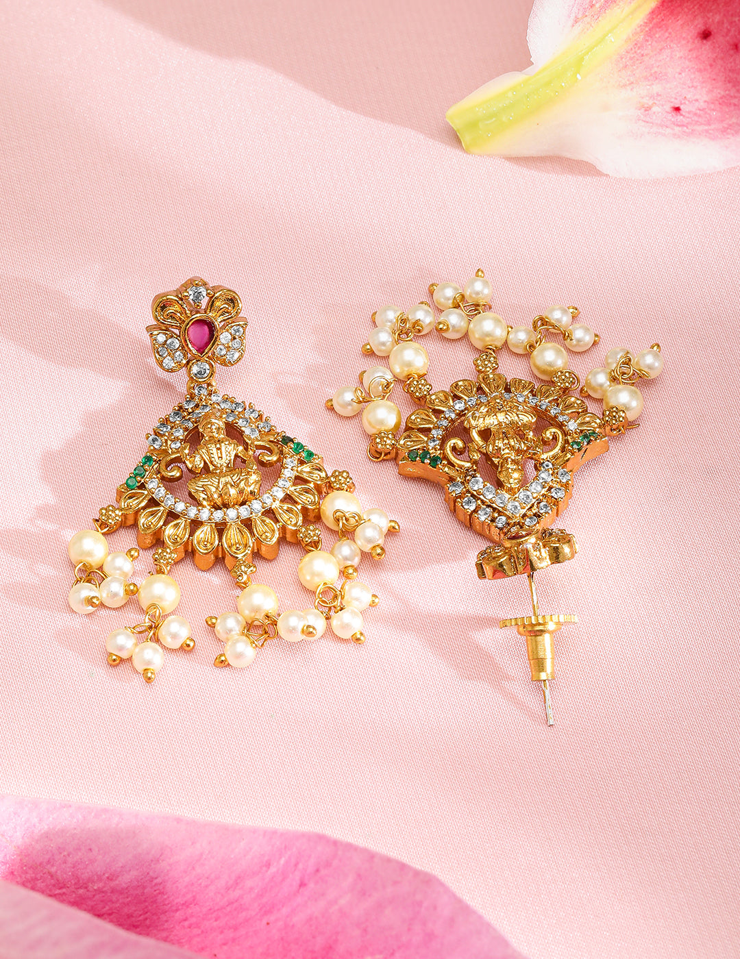 Rubans 22K Gold-Plated Ruby Pink, Emerald Green & White Cubic Zirconia Studded Divine Lakshmi Motif Temple Necklace Set