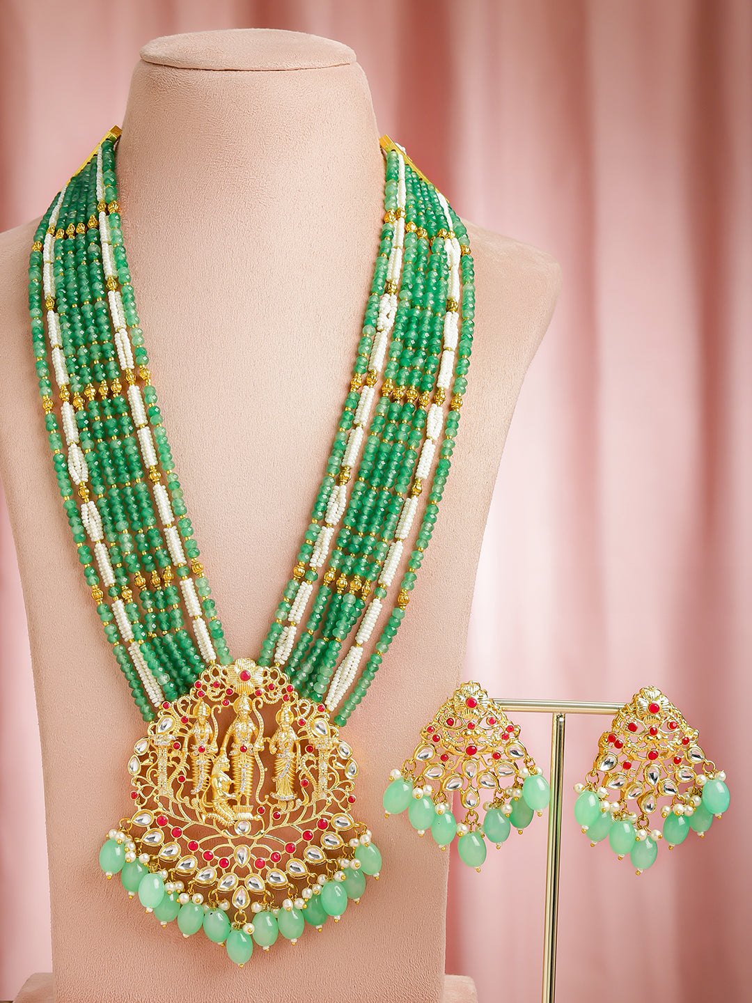 Temple Queen Lakshmi Green Necklace Set
