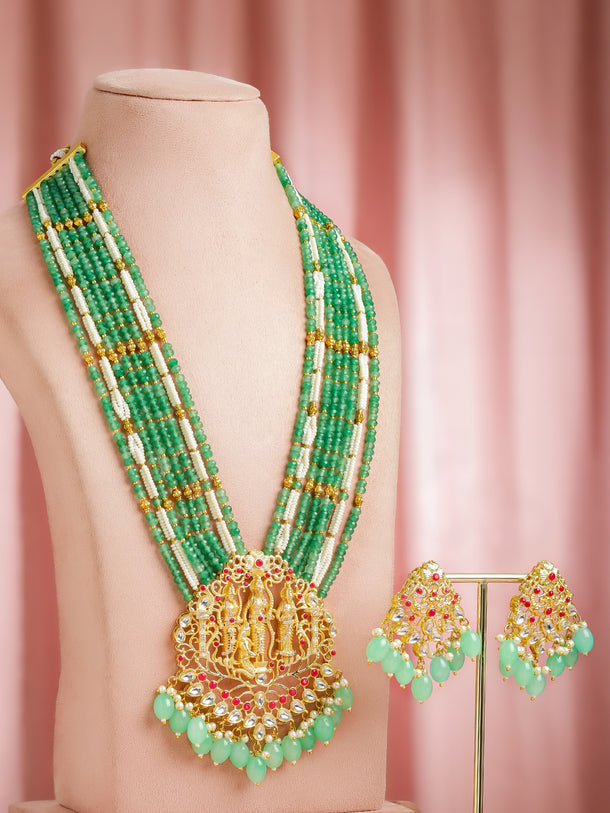 Red Studded Green Beaded Temple Necklace Set