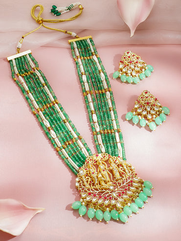 Temple Queen Lakshmi Green Necklace Set