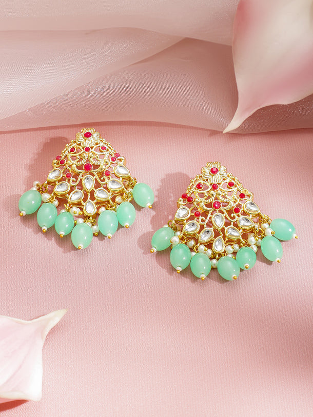 Red Studded Green Beaded Temple Necklace Set