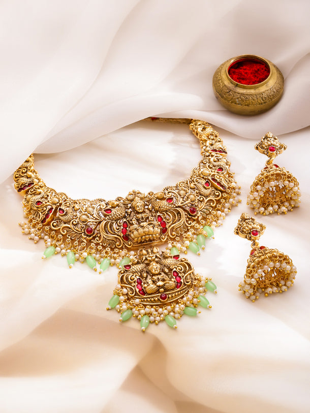 Ruby Studded Pearl Beaded Temple Necklace Set