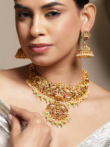 Heritage Lakshmi Green & Pink Temple Necklace Set