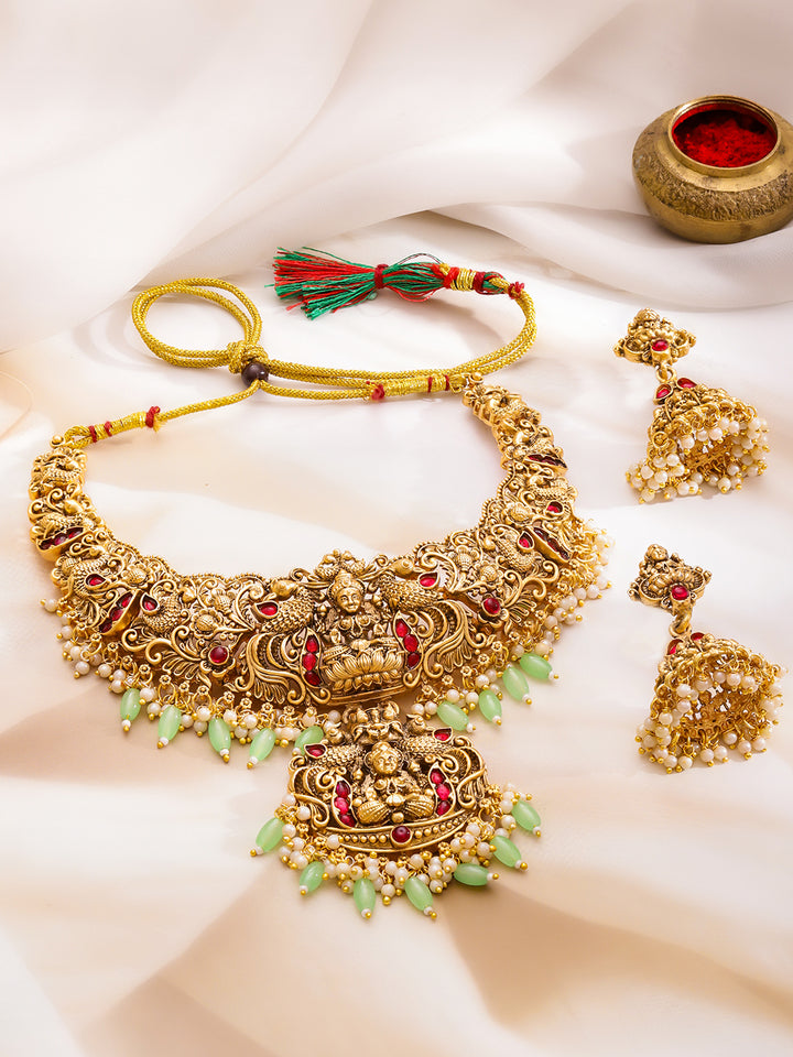 Heritage Lakshmi Green & Pink Temple Necklace Set