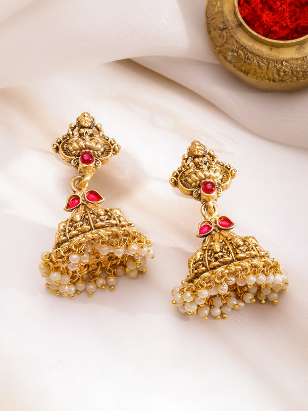 Ruby Studded Pearl Beaded Temple Necklace Set