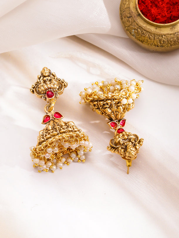 Ruby Studded Pearl Beaded Temple Necklace Set