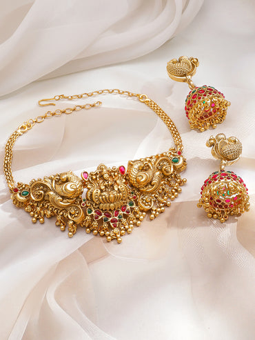 Golden Studded Temple Peacock Necklace Set